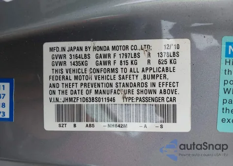 2011 Honda Cr-Z Ex from USA, damaged, VIN JHMZF1D63BS011946